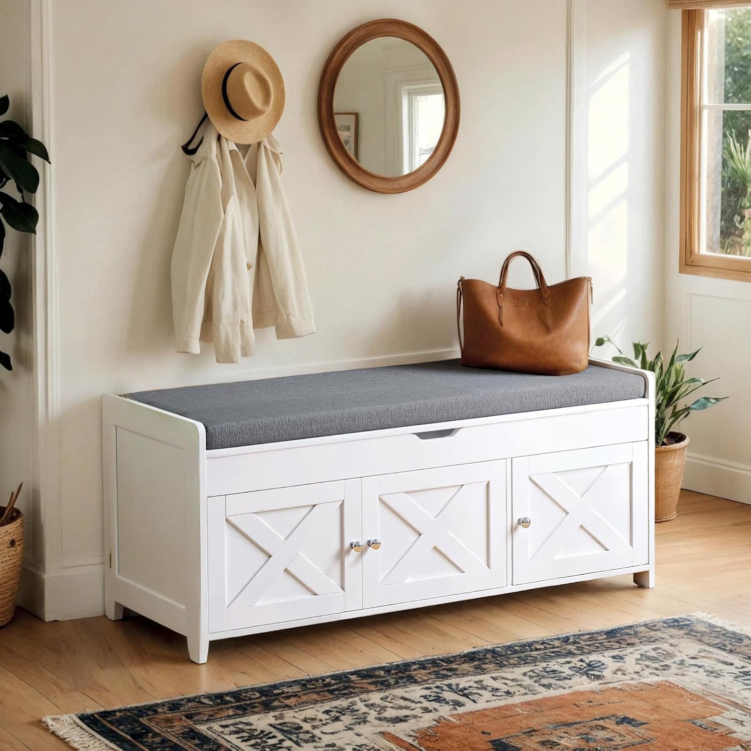 Pipishell 2-Tier Shoe Storage Bench with Cushioned Seat, Entryway Bench with Adjustable Shelf & Barn Doors, 300 lbs Capacity, 43.4