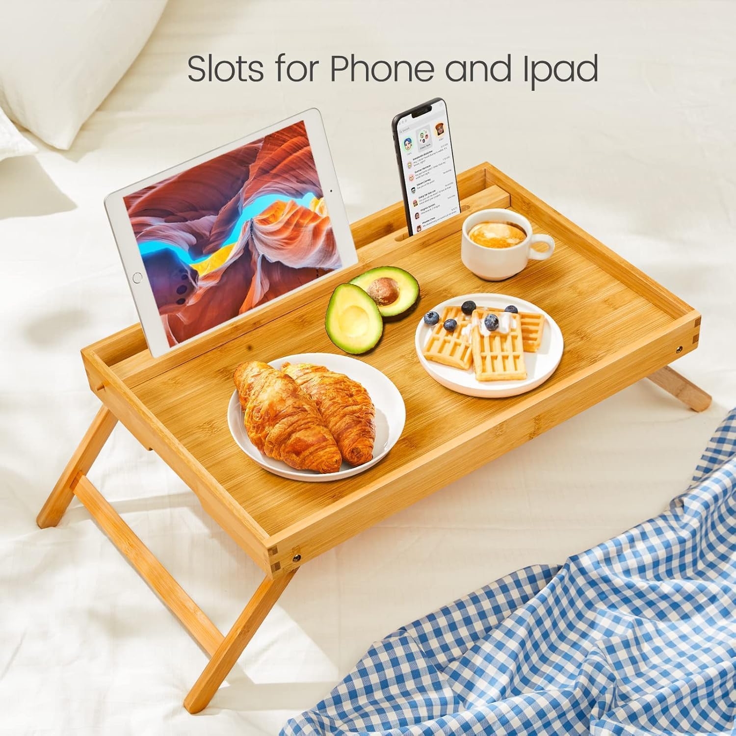 Pipishell Large Bed Tray Table with Folding Legs & Slot, Bamboo, Natural