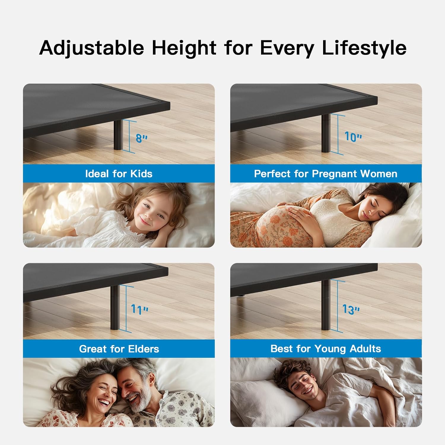 Pipishell Queen Adjustable Bed Frame with Massage, Electric Bed Base with Head & Foot Incline, USB-A & USB-C Ports, LED Under-Bed Lighting, 4 Leg Height Options, and Easy 3-Step Assembly