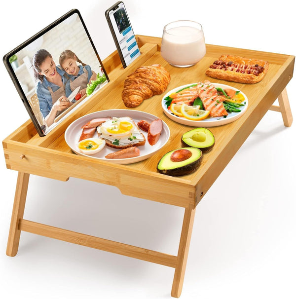 Pipishell Large Bed Tray Table with Folding Legs & Slot, Bamboo, Natural