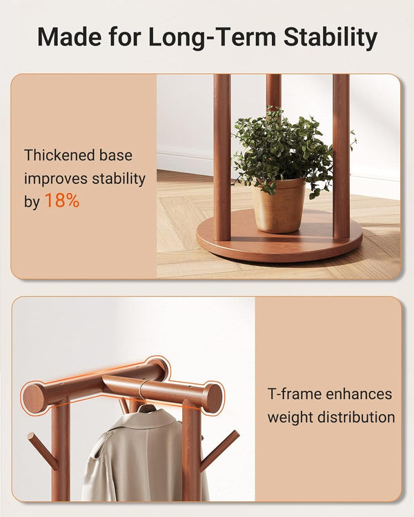 Pipishell Rolling Pine Wood Coat Rack, Freestanding Coat Tree with Wheels, 9 Hooks, T-Shaped Top & 3-Tier Shelves for Entryway, Hallway, Bedroom, Hall Tree for Coats, Bags, Hats & Scarves