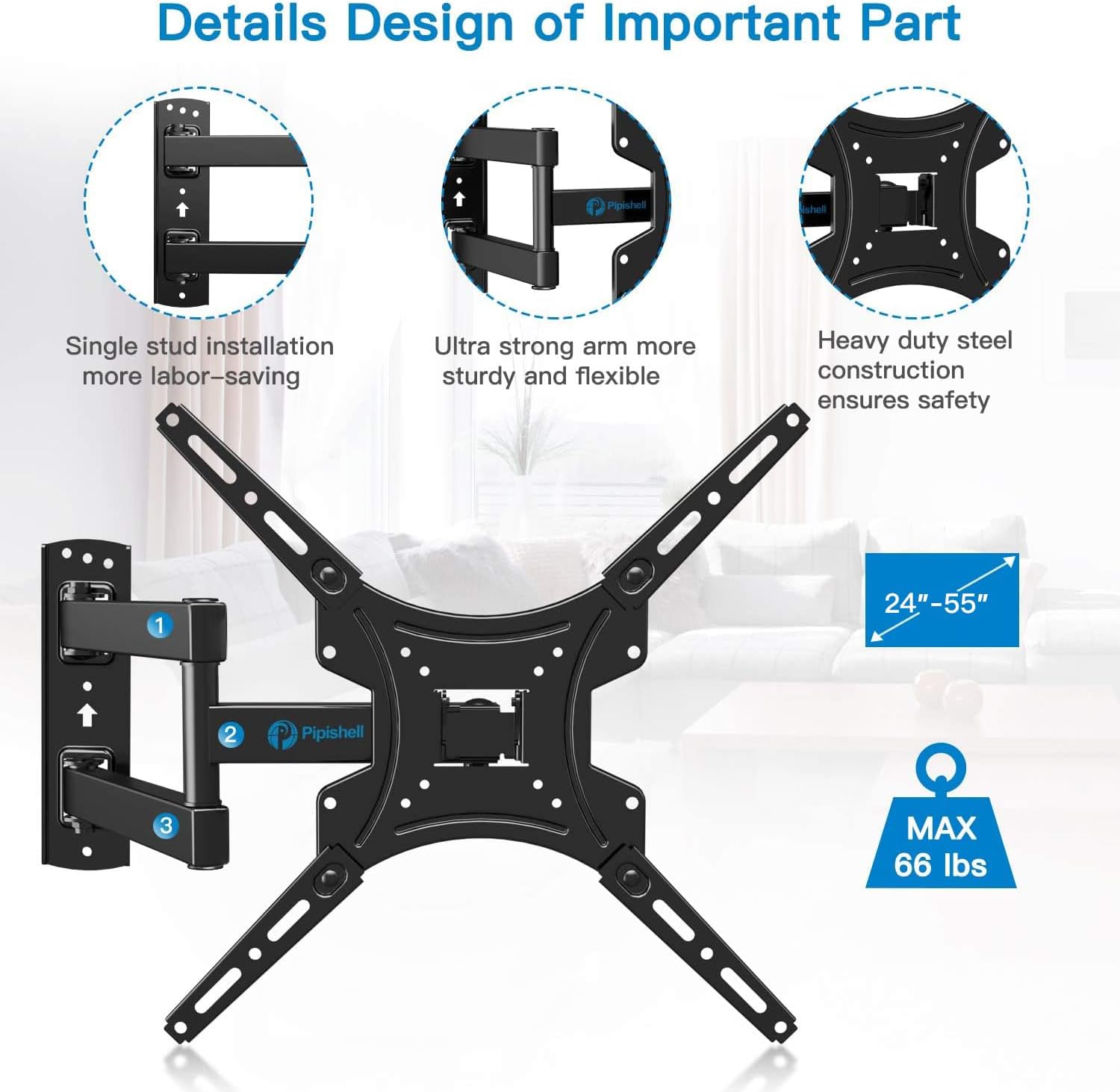 Full Motion TV Wall Mount Bracket Articulating Arms Swivels Tilts Extension for Most 24-55 Inch LED LCD Flat Curved Screen TVs, Max VESA 400x400mm up to 66lbs by Pipishell