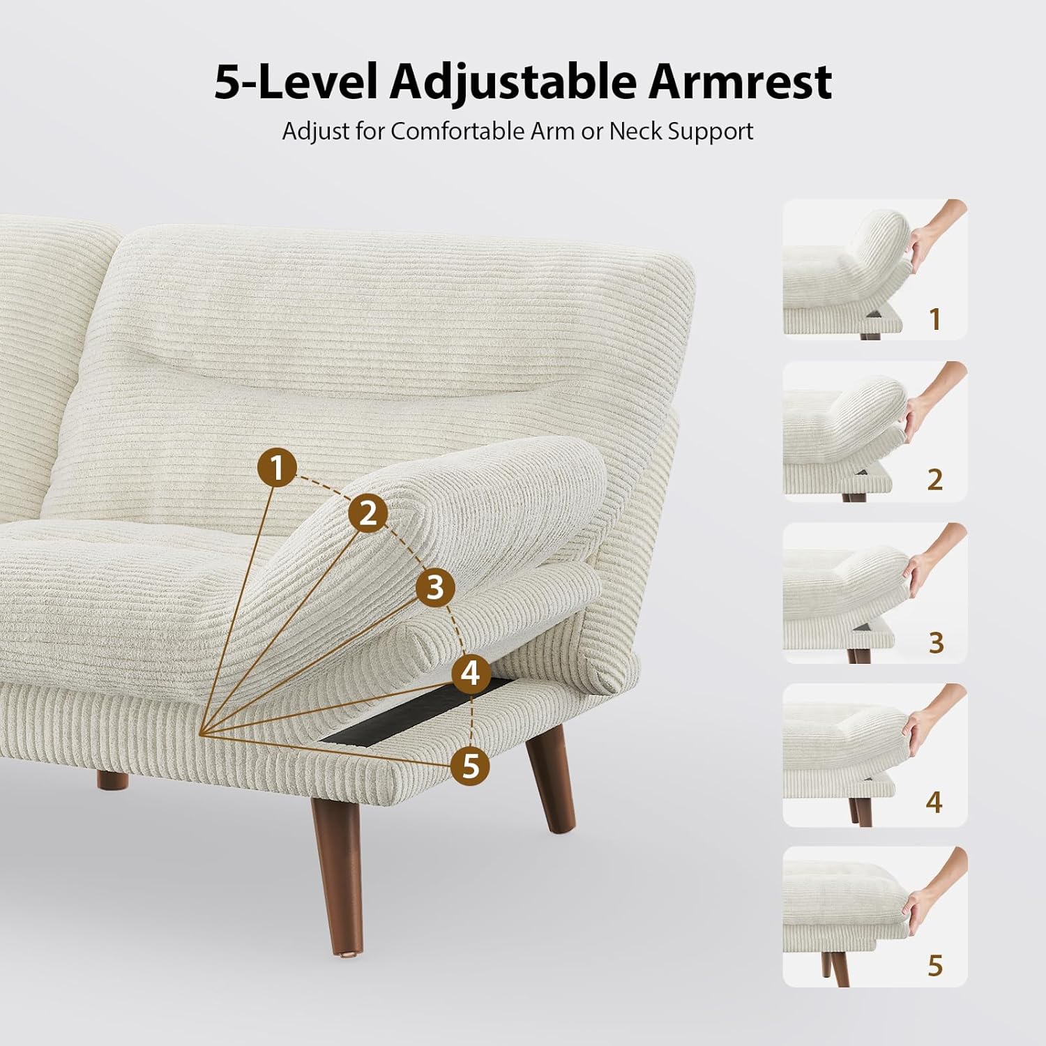 Pipishell Convertible Futon Sofa Bed, 66″ Corduroy Futon Couch with Adjustable Backrest and Armrests, Recliner Sleeper Sofa for Small Spaces, Play Room or Office, White