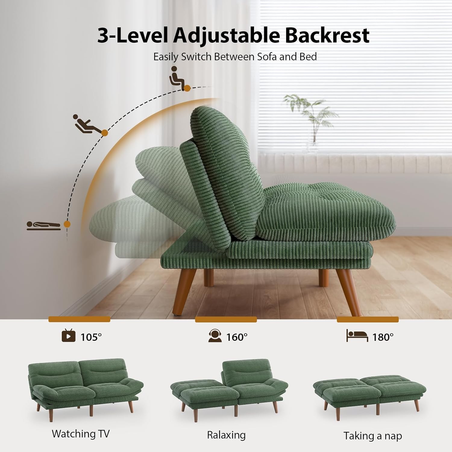 Pipishell Futon Sofa Bed, 75 Inch Corduroy Futon Couch Convertible with Adjustable Backrest and Armrests, Recliner Sleeper Sofa for Small Spaces, Living Room, Office, Guest Room (Green, 75 Inch)