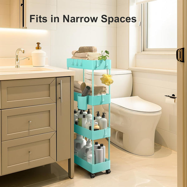 Pipishell Slim Storage Cart with Wheels, 4 Tier Bathroom Storage Organizer Rolling Utility Cart for Bathroom Kitchen Laundry Room Office Narrow Place (Turquoise)