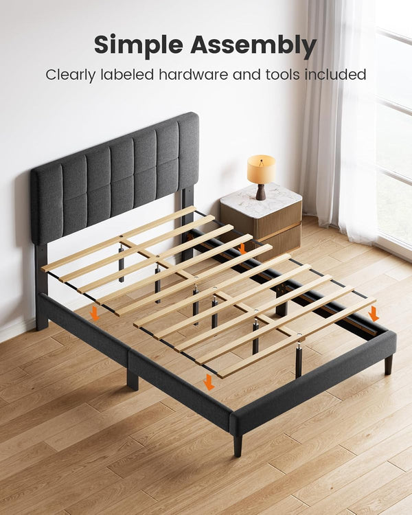 Pipishell Full Size Bed Frame with 12 Thickened Legs & Fabric Upholstered Headboard,1300 Lbs Weight Capacity, Adjustable Headboard, No Box Spring Needed, Easy Assembly, Underbed Storage（Solid Wood）