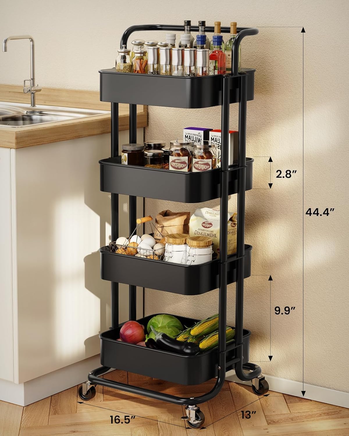 Pipishell 4 Tier Mesh Utility Cart, Rolling Metal Organization Cart with Handle and Lockable Wheels, Multifunctional Storage Shelves for Kitchen Living Room Office White, PIUC12B