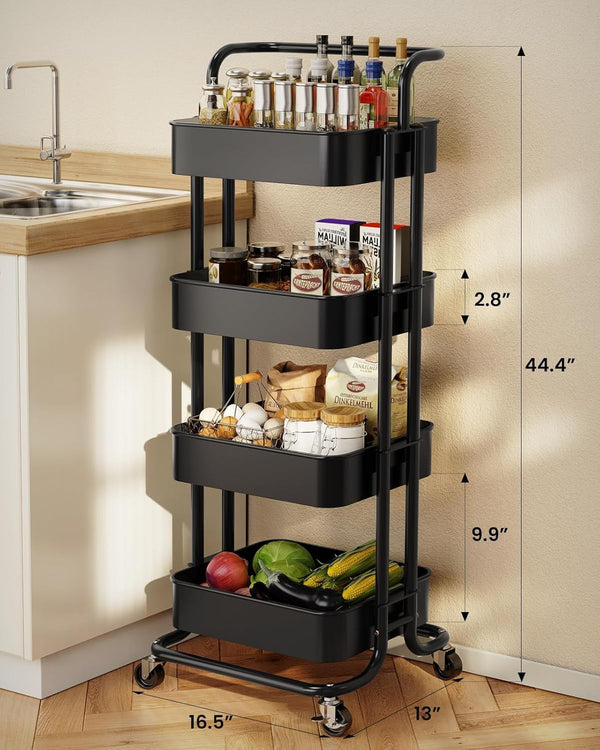 Pipishell 4 Tier Mesh Utility Cart, Rolling Metal Organization Cart with Handle and Lockable Wheels, Multifunctional Storage Shelves for Kitchen Living Room Office White, PIUC12B