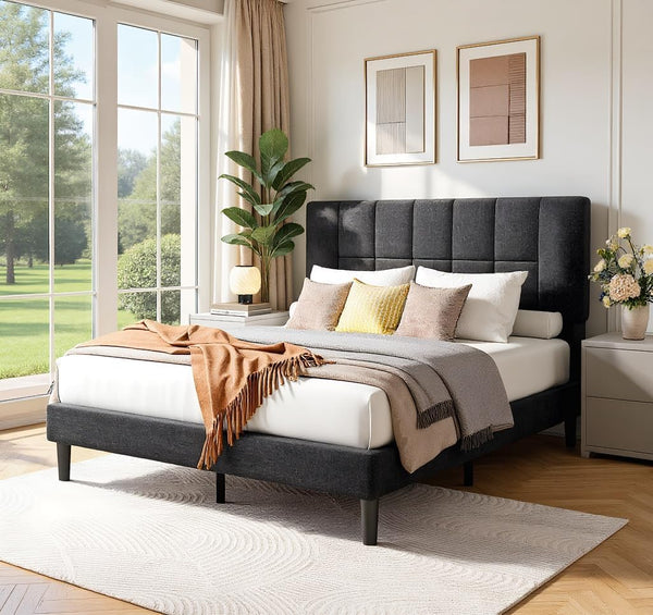 Pipishell Queen Size Bed Frame Upholstered Platform with Adjustable Headboard, 1300 lbs Strong Weight Capacity, Fully Upholstered Mattress Foundation, No Box Spring Needed, Asphalt Grey