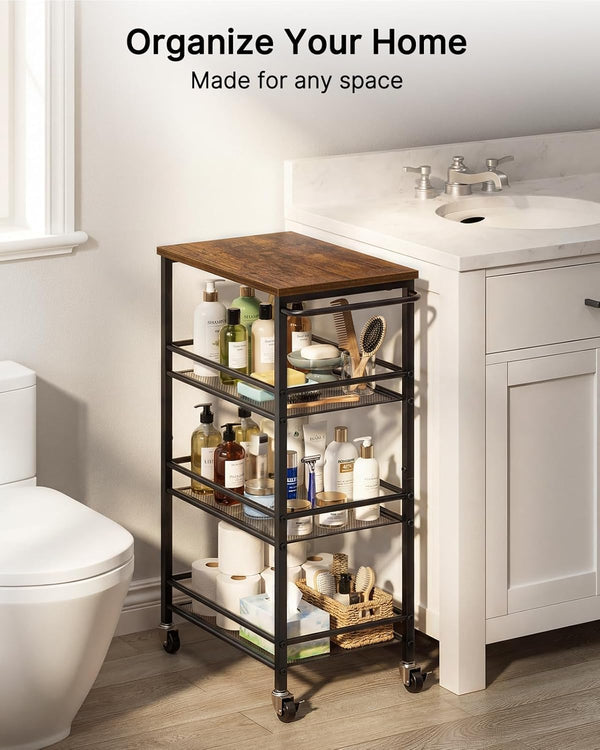 Pipishell Slim Storage Cart with Wheels, 4 Tier Rolling Bathroom Storage Cart with Handle and Wood Top, Metal Slim Kitchen Cart for Laundry Room, Bathroom, Kitchen, Narrow Space, Black & Rustic Brown