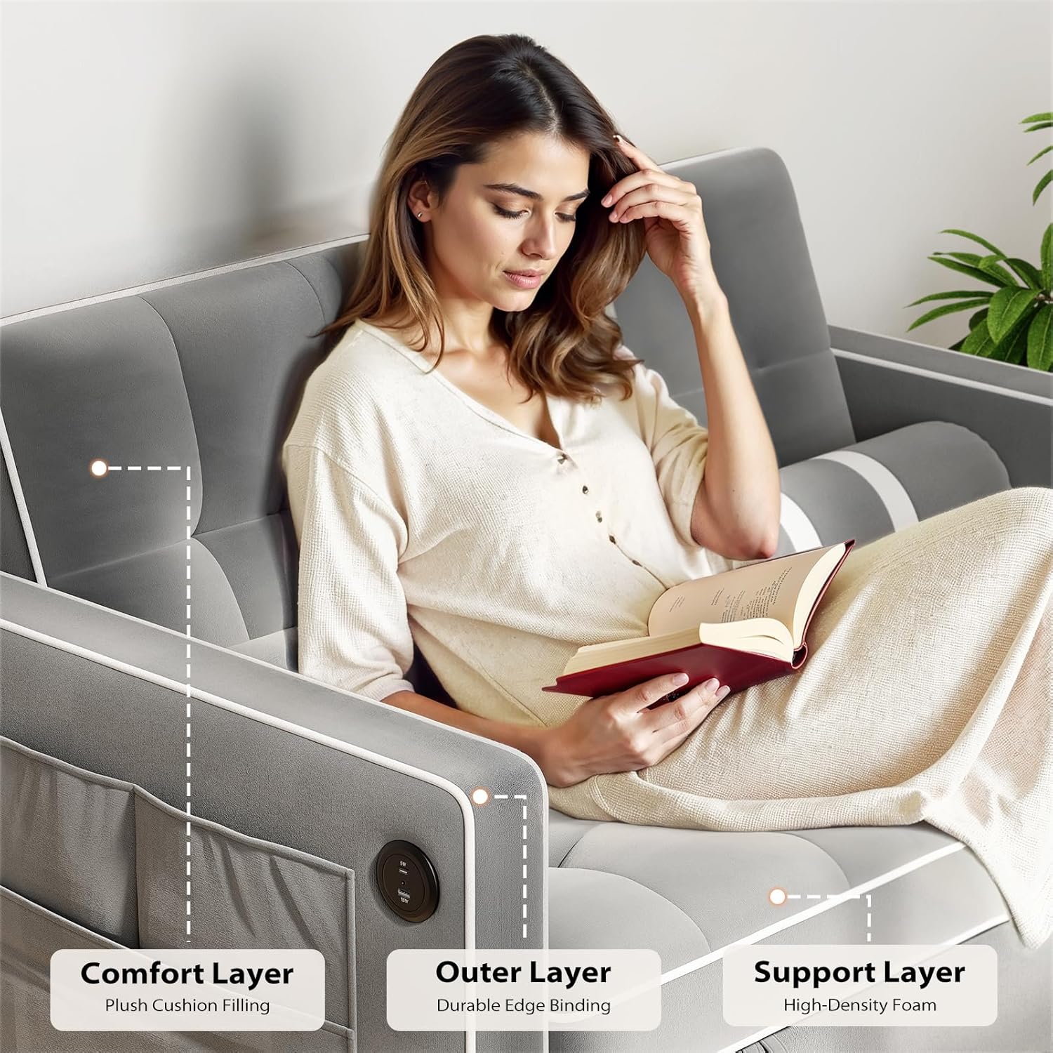 Pipishell 3 in 1 Convertible Sleeper Sofa Bed, Pull Out Couch for Living Room with USB Ports & Side Pockets, Adjustable Backrest, Velvet, Loveseat Sofa Bed, Futon Couches