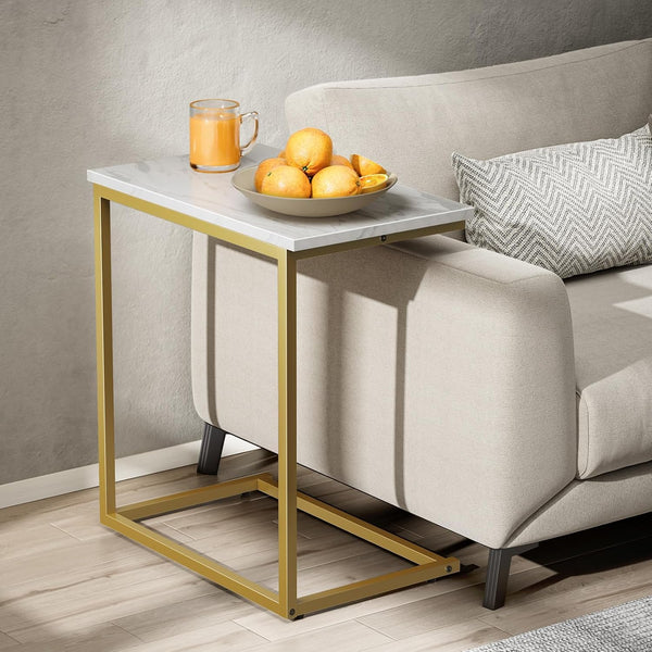 Pipishell C Shaped End Table 27 inches High, Side Table with Modern Marbling Wood Table Top for Couch Slide Under, C Table Sofa Side End Table for Living Room