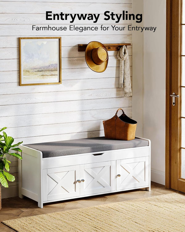 Pipishell 2-Tier Shoe Storage Bench with Cushioned Seat, Entryway Bench with Adjustable Shelf & Barn Doors, 300 lbs Capacity, 43.4" W x 16" D x 18" H, for Entryway, Bedroom, Living Room, White