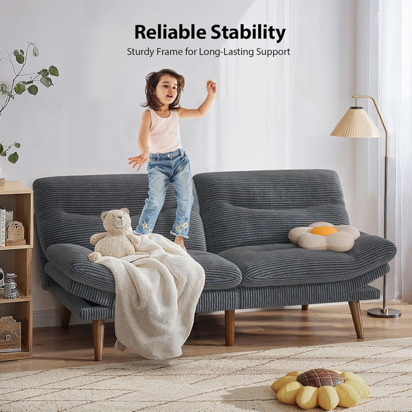 Pipishell Futon Sofa Bed, 75 Inch Corduroy Futon Couch Convertible with Adjustable Backrest and Armrests, Recliner Sleeper Sofa for Small Spaces, Living Room, Office, Guest Room (Grey, 75 Inch) | Adjustable