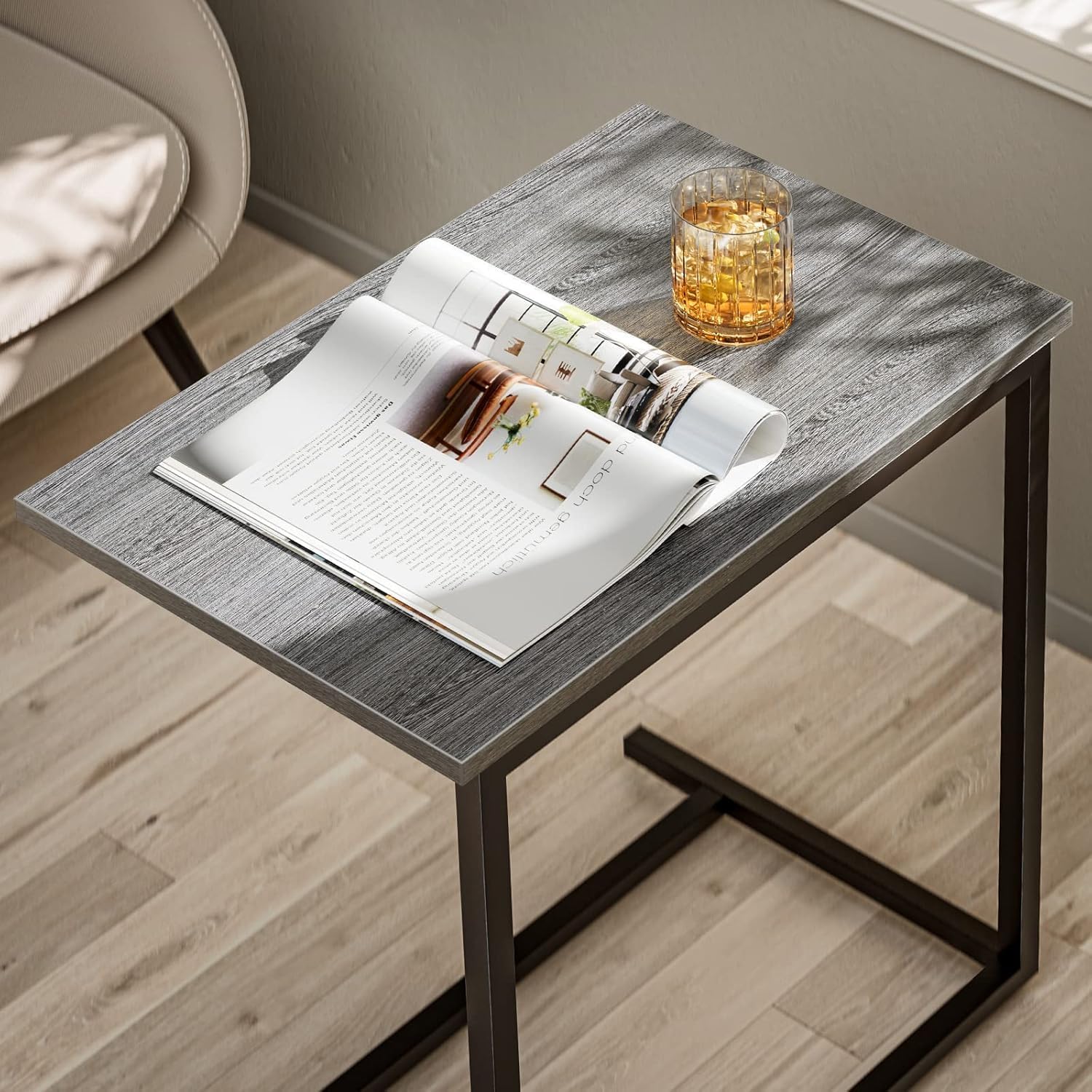 Pipishell C Shaped End Table 27 Inches High, Side Table for Couch Slide Under, Sofa Side Table for Living Room, Grey