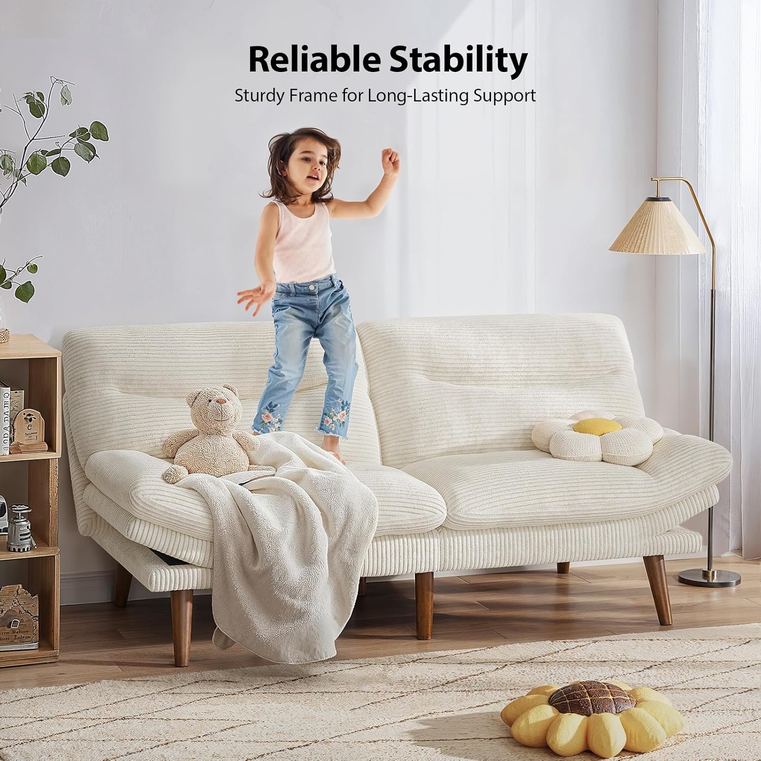 Pipishell Convertible Futon Sofa Bed, 66″ Corduroy Futon Couch with Adjustable Backrest and Armrests, Recliner Sleeper Sofa for Small Spaces, Play Room or Office, White