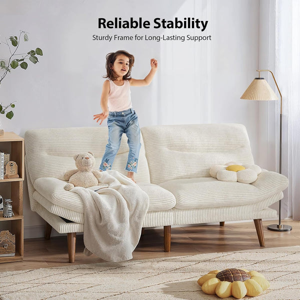 Pipishell Convertible Futon Sofa Bed, 66″ Corduroy Futon Couch with Adjustable Backrest and Armrests, Recliner Sleeper Sofa for Small Spaces, Play Room or Office, White