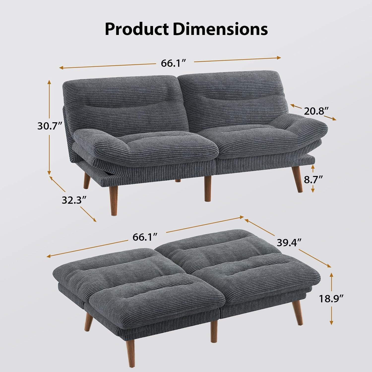 Pipishell 69-Inch Convertible Futon Sofa Bed, Corduroy Futon Couch with Adjustable Backrest and Armrests, Sleeper Sofa for Small Apartments,Study Room or Office, Gray