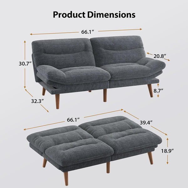 Pipishell 69-Inch Convertible Futon Sofa Bed, Corduroy Futon Couch with Adjustable Backrest and Armrests, Sleeper Sofa for Small Apartments,Study Room or Office, Gray