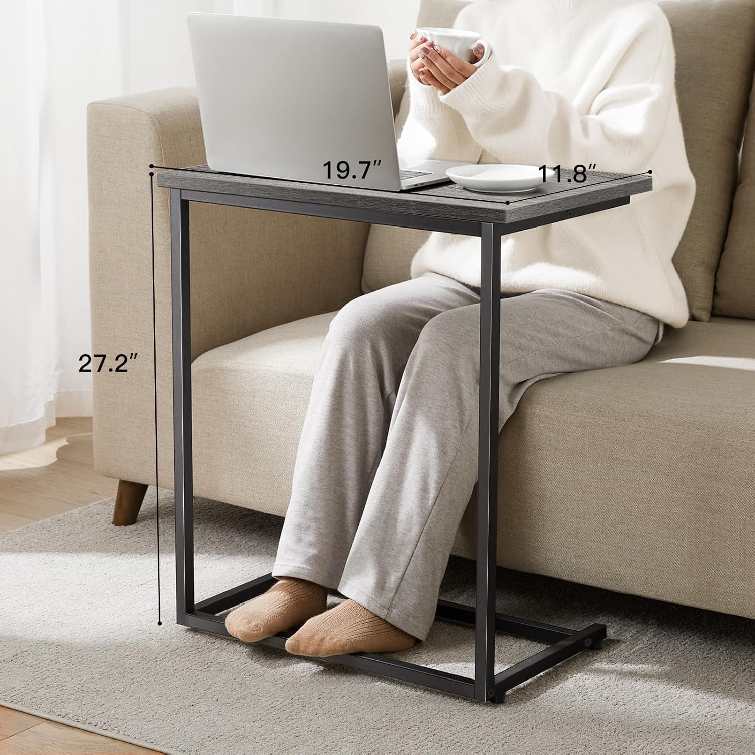 Pipishell C Shaped End Table 27 Inches High, Side Table for Couch Slide Under, Sofa Side Table for Living Room, Grey
