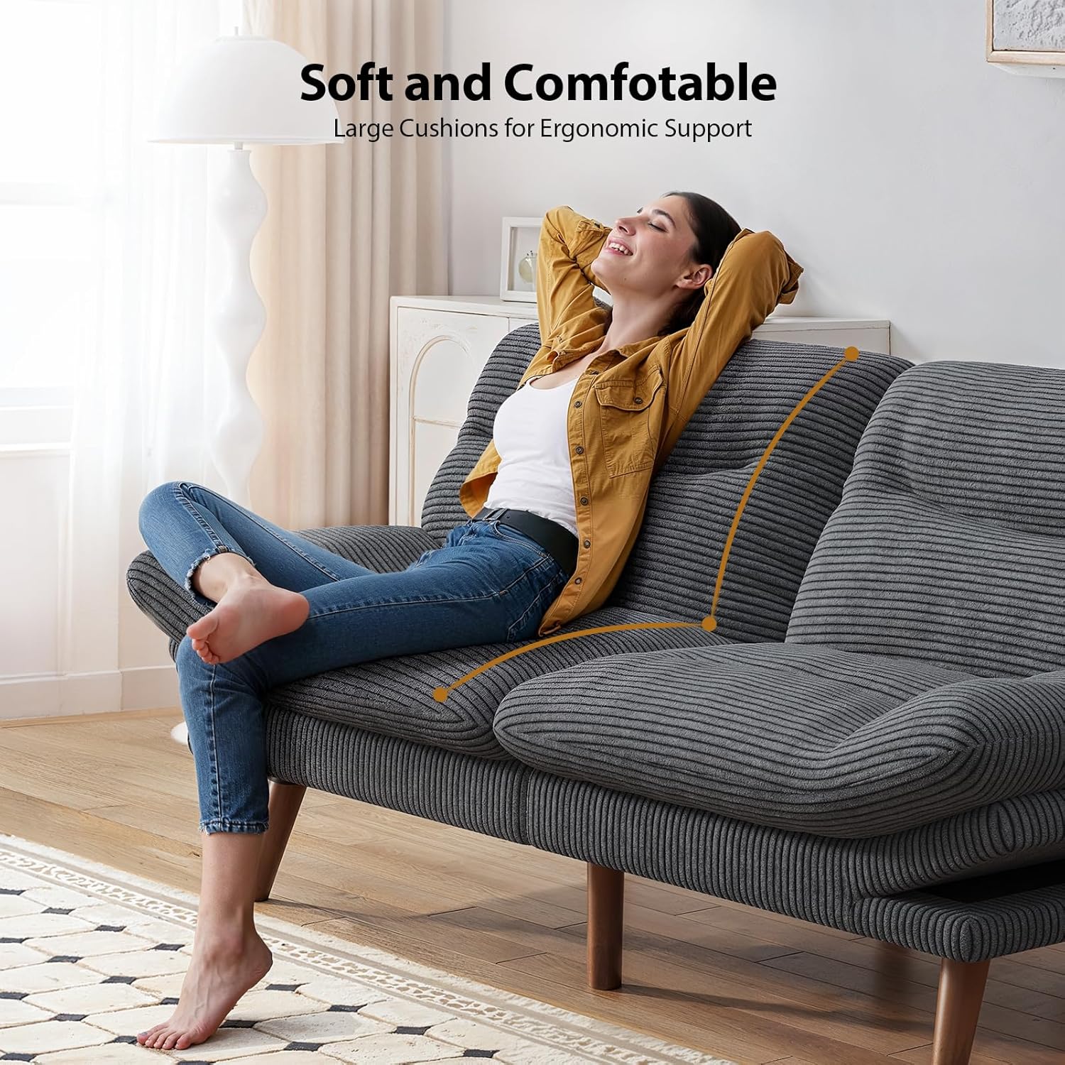 Pipishell 69-Inch Convertible Futon Sofa Bed, Corduroy Futon Couch with Adjustable Backrest and Armrests, Sleeper Sofa for Small Apartments,Study Room or Office, Gray