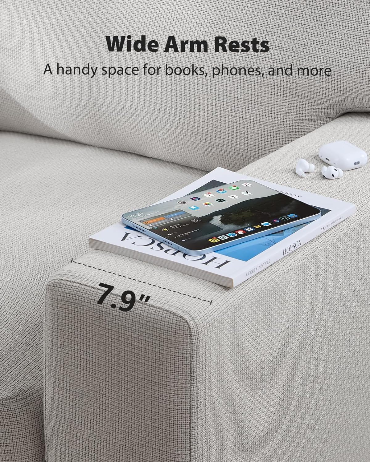 Pipishell 3 Seater Couch, Sofas for Living Room with Deep Seats and Wide Armrests, 89″ Comfy 3 Seater Sofa, Supportive with Thickened Cushion, Cotton-Linen Couches, Removable & Washable Covers, Grey