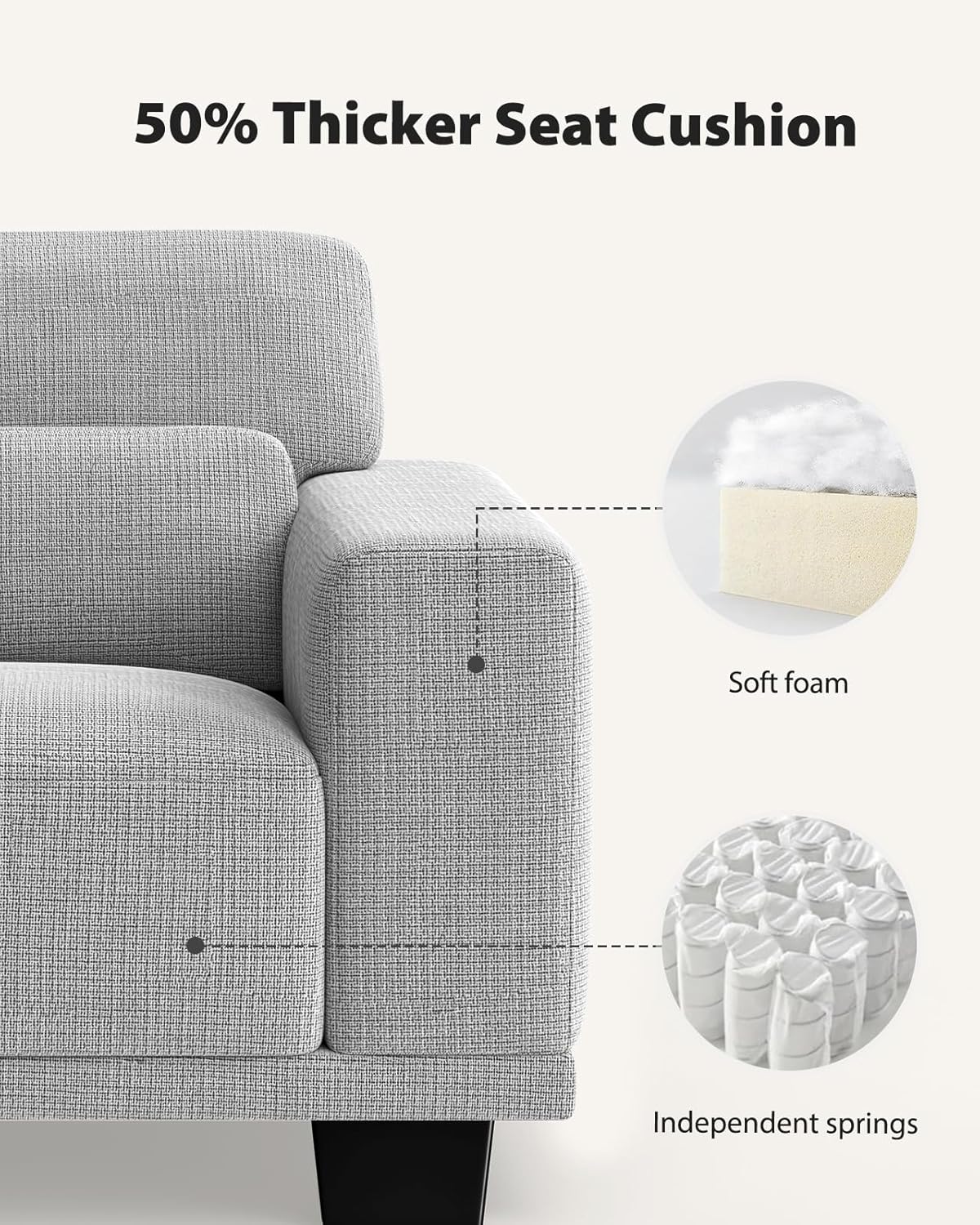 Pipishell 3 Seater Couch, Sofas for Living Room with Deep Seats and Wide Armrests, 89″ Comfy 3 Seater Sofa, Supportive with Thickened Cushion, Cotton-Linen Couches, Removable & Washable Covers, Grey