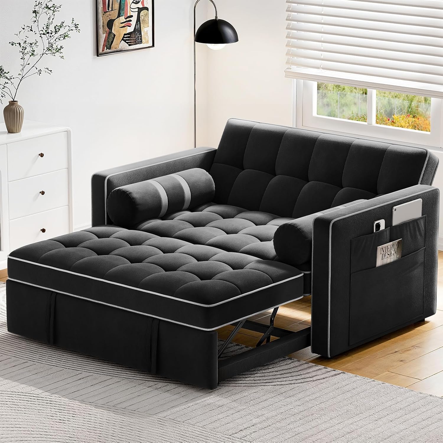 Pipishell 3-in-1 Convertible Sleeper Sofa Bed, Pull Out Couch for Living Room with USB Ports & Side Pockets, Adjustable Backrest, Velvet, Loveseat Sofa Bed, Futon Couches, Black
