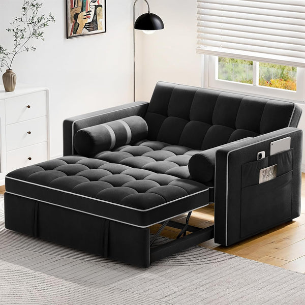 Pipishell 3-in-1 Convertible Sleeper Sofa Bed, Pull Out Couch for Living Room with USB Ports & Side Pockets, Adjustable Backrest, Velvet, Loveseat Sofa Bed, Futon Couches, Black