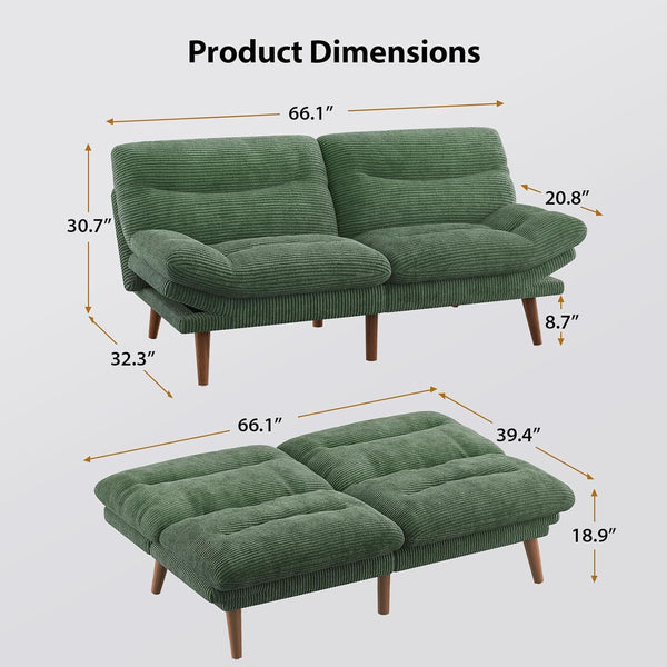 Pipishell Futon Sofa Bed, 66" Corduroy Futon Couch Convertible with Adjustable Backrest and Armrests, Recliner Sleeper Sofa, for Small Spaces Living Room, Guest Room or Office (Green, 66 Inch)