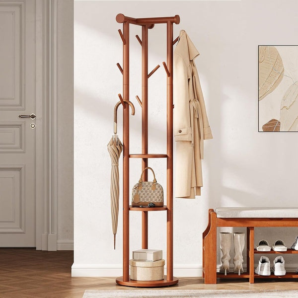 Pipishell Solid Wood Freestanding Coat Rack with 5 Wheels, 9 Hooks, Shelves