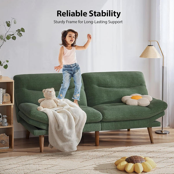 Pipishell Futon Sofa Bed, 66" Corduroy Futon Couch Convertible with Adjustable Backrest and Armrests, Recliner Sleeper Sofa, for Small Spaces Living Room, Guest Room or Office (Green, 66 Inch)