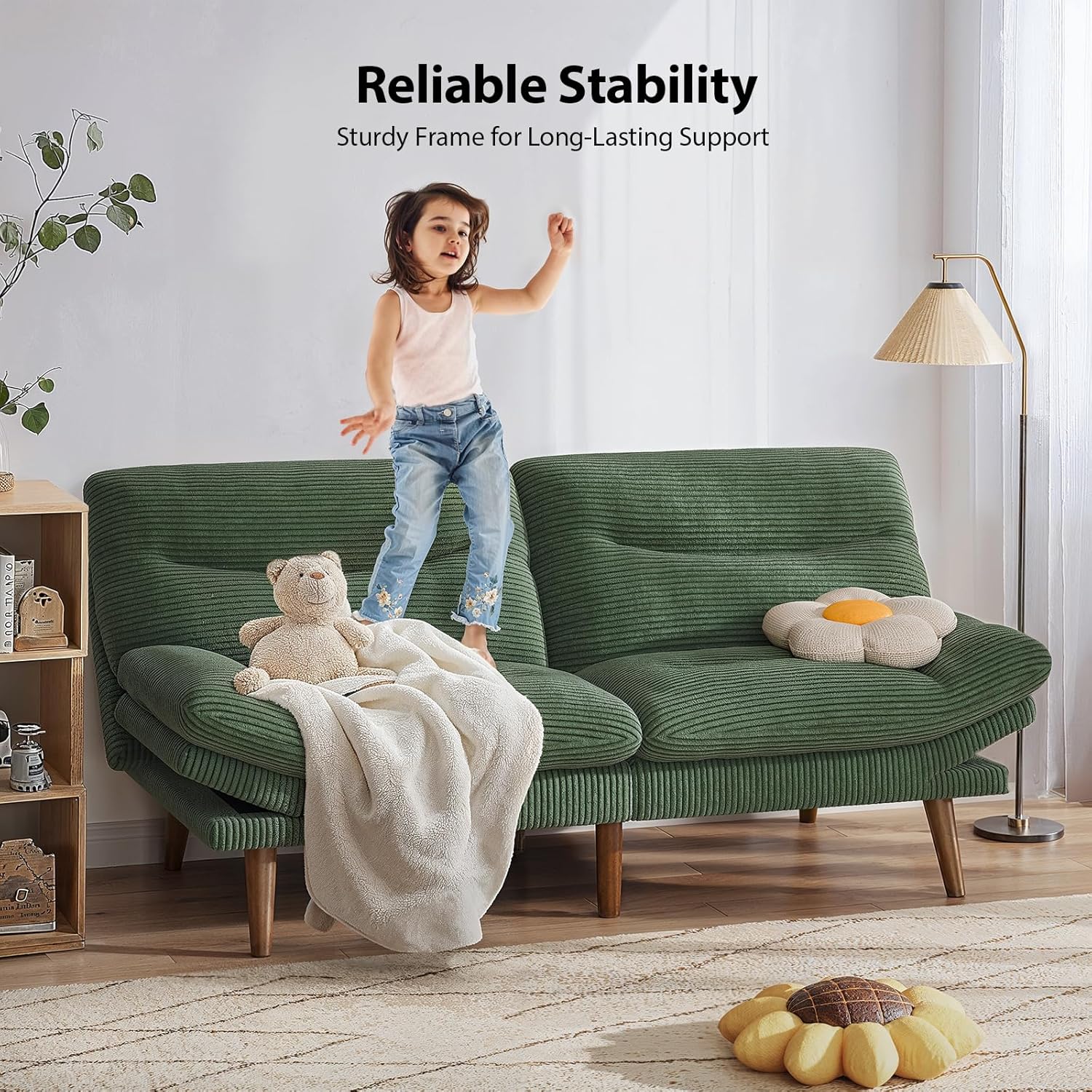 Pipishell Futon Sofa Bed, 75 Inch Corduroy Futon Couch Convertible with Adjustable Backrest and Armrests, Recliner Sleeper Sofa for Small Spaces, Living Room, Office, Guest Room (Green, 75 Inch)