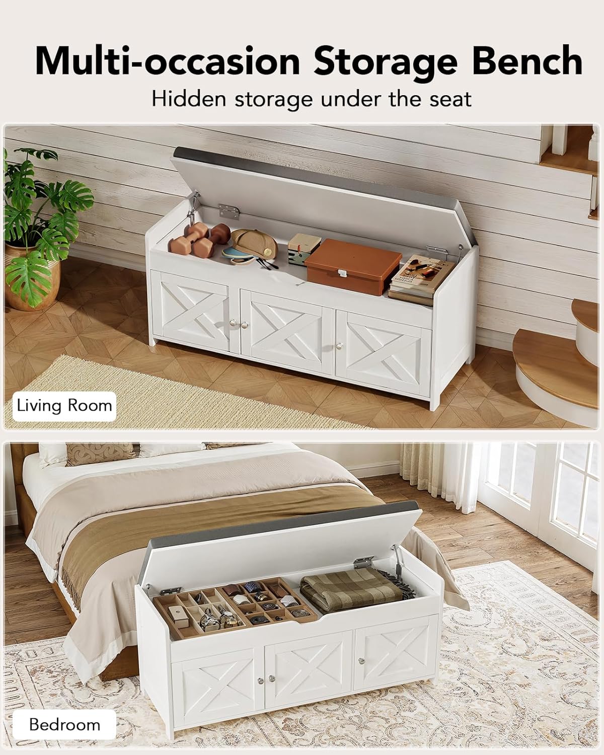 Pipishell 2-Tier Shoe Storage Bench with Cushioned Seat, Entryway Bench with Adjustable Shelf & Barn Doors, 300 lbs Capacity, 43.4