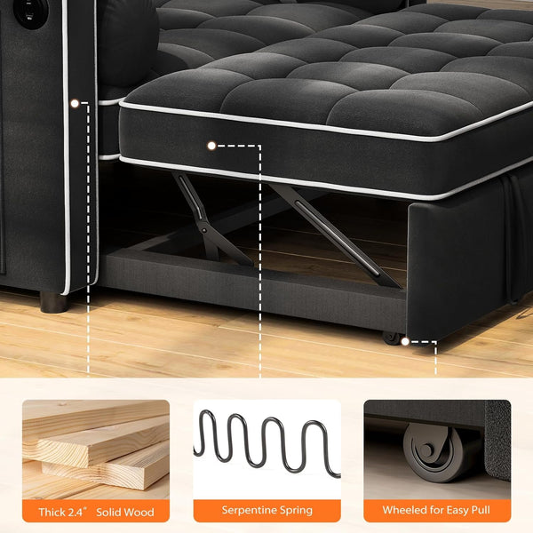 Pipishell 3-in-1 Convertible Sleeper Sofa Bed, Pull Out Couch for Living Room with USB Ports & Side Pockets, Adjustable Backrest, Velvet, Loveseat Sofa Bed, Futon Couches, Black