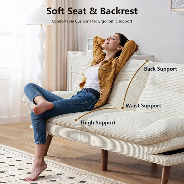 Pipishell Convertible Futon Sofa Bed, 66″ Corduroy Futon Couch with Adjustable Backrest and Armrests, Recliner Sleeper Sofa for Small Spaces, Play Room or Office, White