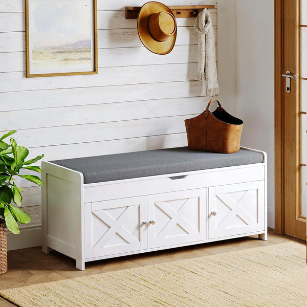 Pipishell 2-Tier Shoe Storage Bench with Cushioned Seat, Entryway Bench with Adjustable Shelf & Barn Doors, 300 lbs Capacity, 43.4" W x 16" D x 18" H, for Entryway, Bedroom, Living Room, White