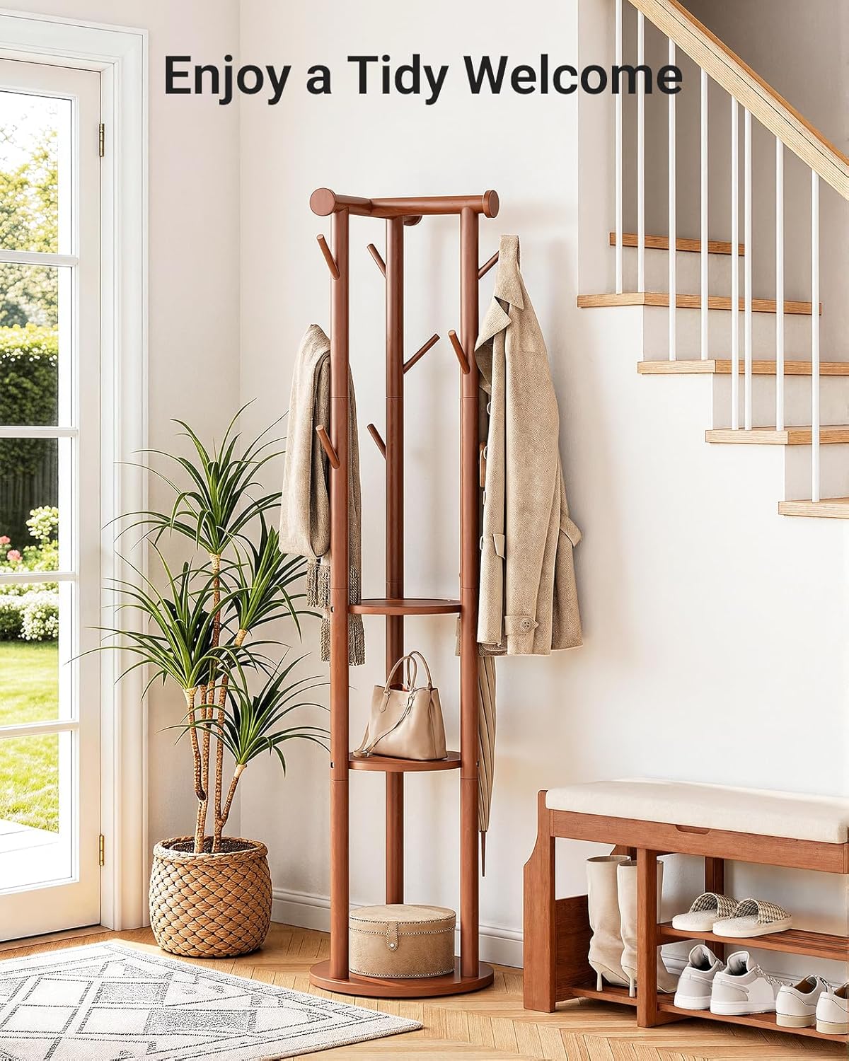 Pipishell Rolling Pine Wood Coat Rack, Freestanding Coat Tree with Wheels, 9 Hooks, T-Shaped Top & 3-Tier Shelves for Entryway, Hallway, Bedroom, Hall Tree for Coats, Bags, Hats & Scarves