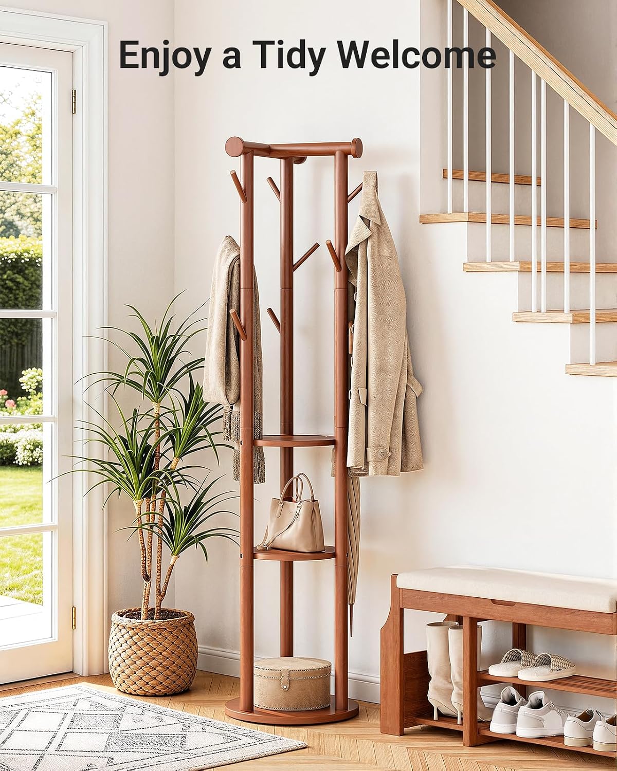 Pipishell Solid Wood Freestanding Coat Rack with 5 Wheels, 9 Hooks, Shelves