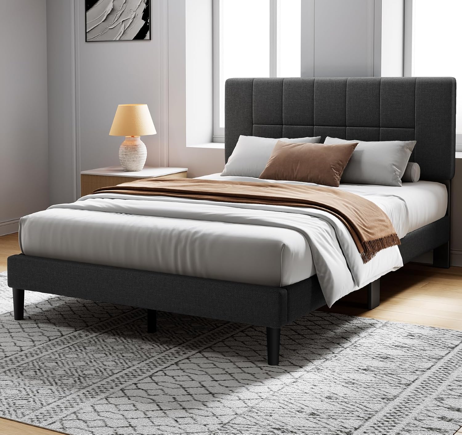 Pipishell Full Size Bed Frame with 12 Thickened Legs & Fabric Upholstered Headboard,1300 Lbs Weight Capacity, Adjustable Headboard, No Box Spring Needed, Easy Assembly, Underbed Storage（Solid Wood）