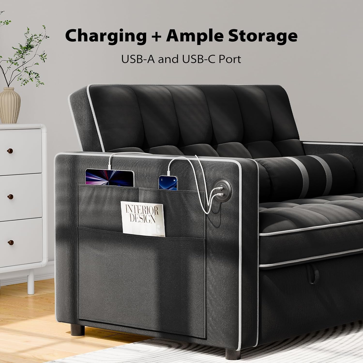 Pipishell 3-in-1 Convertible Sleeper Sofa Bed, Pull Out Couch for Living Room with USB Ports & Side Pockets, Adjustable Backrest, Velvet, Loveseat Sofa Bed, Futon Couches, Black