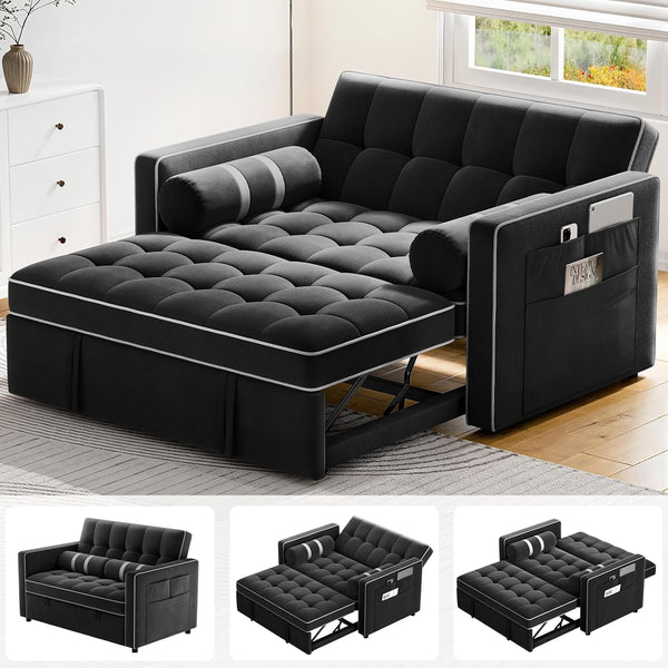Pipishell 3-in-1 Convertible Sleeper Sofa Bed, Pull Out Couch for Living Room with USB Ports & Side Pockets, Adjustable Backrest, Velvet, Loveseat Sofa Bed, Futon Couches, Black
