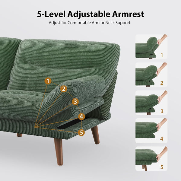 Pipishell Futon Sofa Bed, 66" Corduroy Futon Couch Convertible with Adjustable Backrest and Armrests, Recliner Sleeper Sofa, for Small Spaces Living Room, Guest Room or Office (Green, 66 Inch)