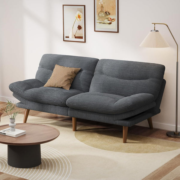 Pipishell Convertible Futon Sofa Bed, 66″ Corduroy Futon Couch with Adjustable Backrest and Armrests, Recliner Sleeper Sofa for Small Spaces, Play Room or Office, Grey
