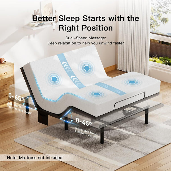 Pipishell Queen Adjustable Bed Frame with Massage, Electric Bed Base with Head & Foot Incline, USB-A & USB-C Ports, LED Under-Bed Lighting, 4 Leg Height Options, and Easy 3-Step Assembly