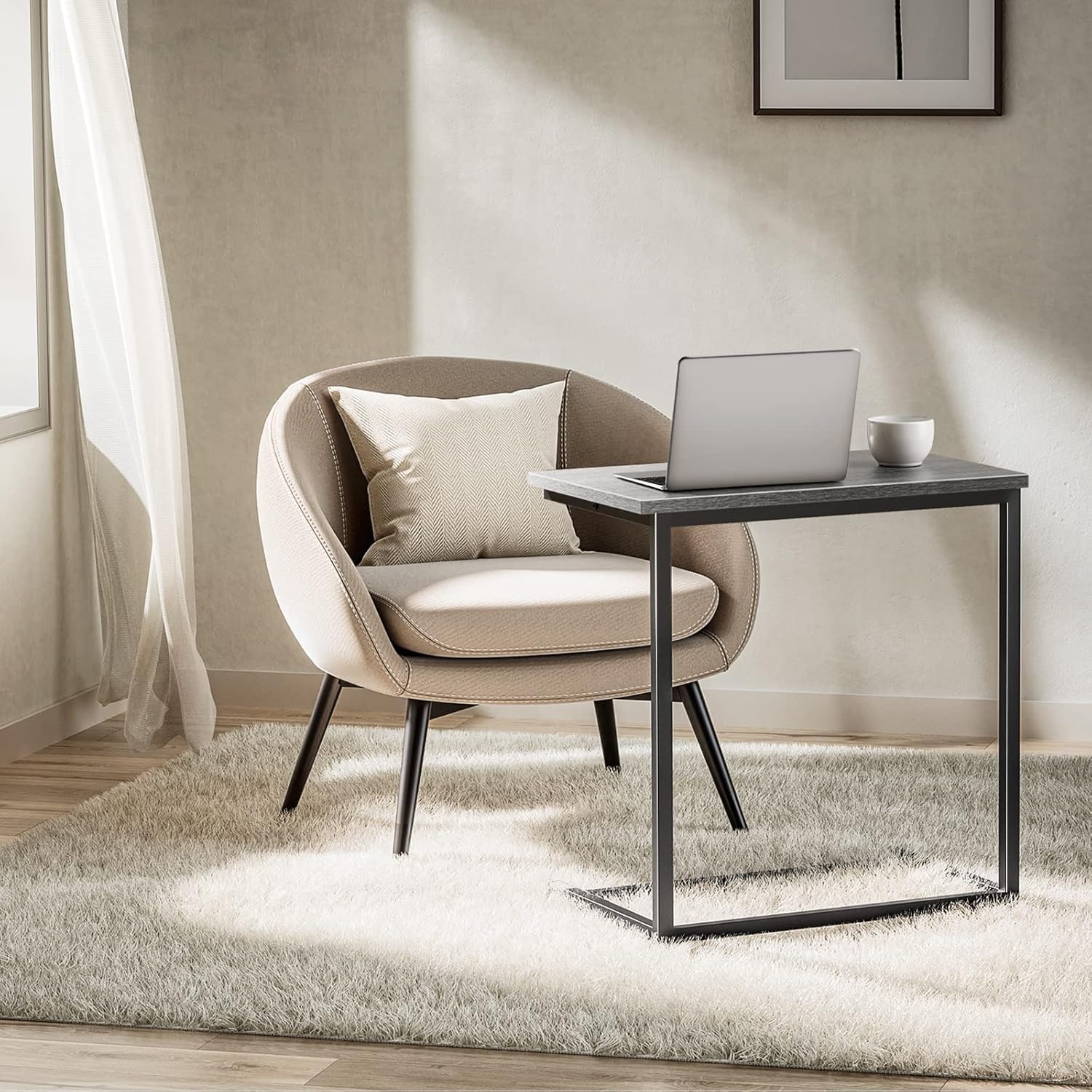 Pipishell C Shaped End Table 27 Inches High, Side Table for Couch Slide Under, Sofa Side Table for Living Room, Grey